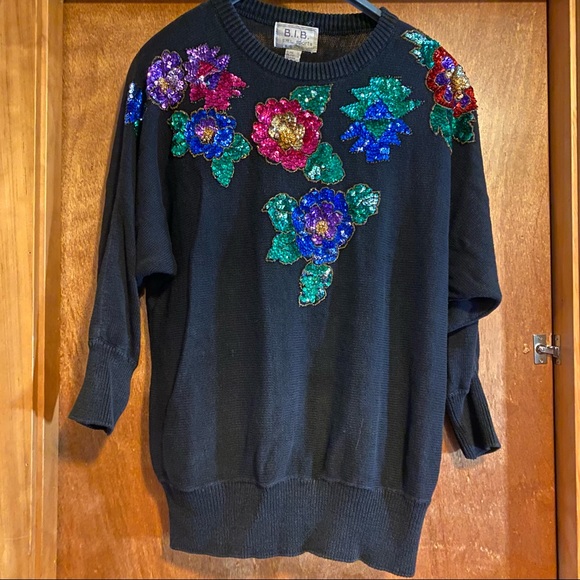 Vintage Sequin Flower Batwing Sweater size 2X - Picture 2 of 7